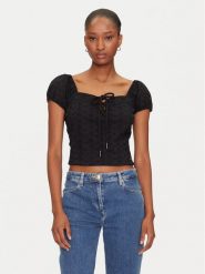 Guess Bluzka W5GP13 KCVA1 Czarny Slim Fit. Czarne bluzki Guess, xs, z aplikacjami, z bawełny, bez kołnierzyka, bez ramiączek. Za 249.99 zł.