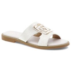 Klapki damskie Filippo, z eko skóry z ozdobą eleganckie na płaskim obcasie, białe, DK3703-25-WH. Białe klapki Filippo, z aplikacjami, ze skóry, bez obcasa, na płaskiej podeszwie. Za 99.99 zł.