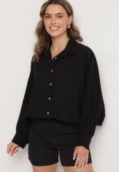 Czarna Koszula z Wiskozą o Kroju Nietoperza Sonaretia. Czarne koszule Born2be, bez wzorów, z jeansu, eleganckie, bez kołnierzyka, bez ramiączek. Za 74.99 zł.