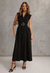 Czarna Sukienka Koszulowa Bez Rękawów z Paskiem i Metaliczną Klamrą Thespiphia. Czarne sukienki Renee, na co dzień, m, bez wzorów, bez kołnierzyka, bez ramiączek, maxi, koszulowe. Za 179.99 zł.