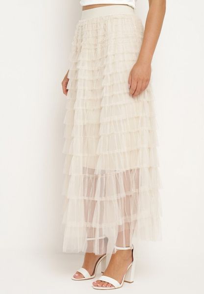 Jasnobeżowa Tiulowa Spódnica z Falbanami i Gumką w Pasie Missalima. Brązowe spódnice Born2be, l, bez wzorów, z tiulu, midi. Za 44.99 zł.