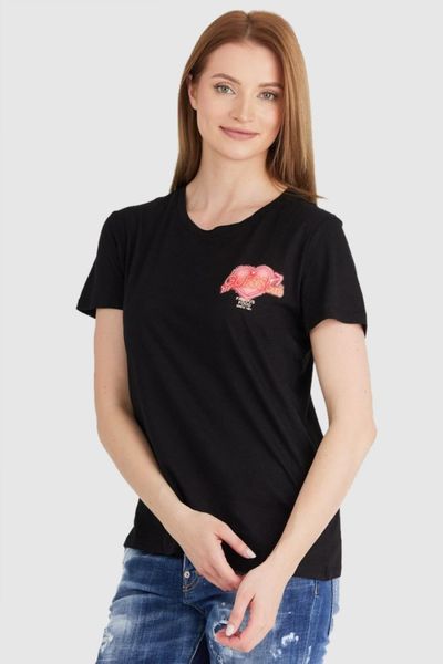 GUESS Czarny t-shirt damski z kolorowym printem, Rozmiar XS. Czarne t-shirty Guess, s, z aplikacjami, bez kołnierzyka, bez ramiączek. W wyprzedaży za 85.99 zł.