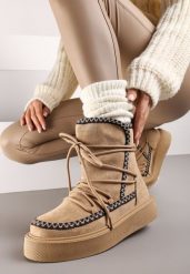 Ciemnobeżowe Śniegowce na Grubej Podeszwie Ozdobione Sznurowaniem Melindria. Brązowe trapery i śniegowce Born2be, z jeansu. Za 79.99 zł.