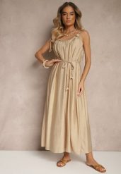 Beżowa Wiskozowa Sukienka Boho na Wiązanych Ramiączkach z Paskiem z Plecionki Miratera. Brązowe sukienki Renee, na co dzień, m, bez wzorów, z materiału, boho, bez kołnierzyka, bez ramiączek, maxi. Za 109.99 zł.