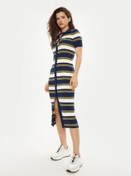 Lacoste Sukienka dzianinowa EF2554 Granatowy Slim Fit. Niebieskie sukienki Lacoste, bez wzorów, z bawełny, bez kołnierzyka, bez ramiączek. Za 459.99 zł.