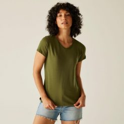 Koszulka turystyczna damska Elkie. Zielone bluzki Regatta, bez wzorów, z bawełny, sportowe, bez kołnierzyka, bez ramiączek. Za 134.50 zł.