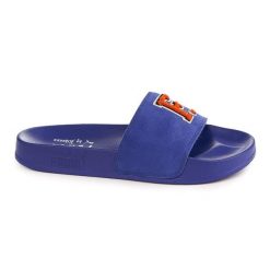Klapki Fenty x Puma z niebieskiej skóry, styl casual beach, flatform. Niebieskie klapki Puma, bez wzorów, z materiału, bez obcasa. Za 288.99 zł.