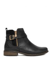 Rieker Botki Z4959-00 Czarny. Czarne botki Rieker, bez wzorów, ze skóry, bez obcasa, na płaskiej podeszwie, bez zapięcia. Za 389.99 zł.