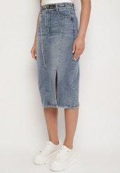 Granatowa Bawełniana Spódnica Jeansowa Ozdobiona Łańcuchem Lilisela. Niebieskie spódnice Born2be, na co dzień, s, bez wzorów, z bawełny, eleganckie, midi. Za 49.99 zł.
