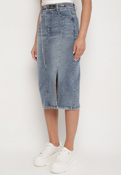 Granatowa Bawełniana Spódnica Jeansowa Ozdobiona Łańcuchem Lilisela. Niebieskie spódnice Born2be, na co dzień, uniwersalny, bez wzorów, z bawełny, eleganckie, midi. Za 49.99 zł.