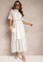Biała Rozkloszowana Sukienka Maxi Ażurowa z Falbanką Ranilette. Białe sukienki Renee, na lato, s, w ażurowe wzory, eleganckie, bez kołnierzyka, bez ramiączek, maxi, rozkloszowane. Za 134.99 zł.