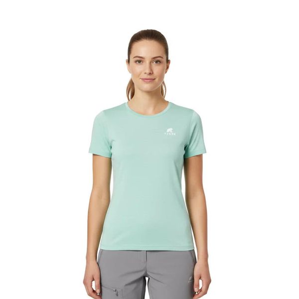 Damska koszulka trekkingowa z merynosów. Zielone bluzki FJORK MERINO, bez wzorów, z wełny, sportowe, bez kołnierzyka, bez ramiączek. Za 399.00 zł.