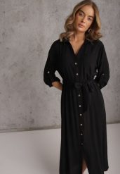 Czarna Koszulowa Sukienka z Bawełny z Wiązanym Paskiem i Podpinanymi Rękawami Cesela. Czarne sukienki Renee, na co dzień, l, bez wzorów, z bawełny, boho, bez kołnierzyka, bez ramiączek, maxi, koszulowe. Za 119.99 zł.