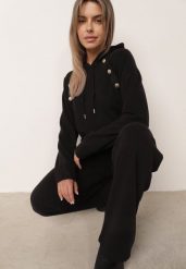 Czarny Komplet Dresowy Bluza z Kapturem z Ozdobnymi Guzikami i Spodnie Eborissa. Czarne bluzy Born2be, l, bez wzorów, z dresówki, z kapturem. Za 169.99 zł.