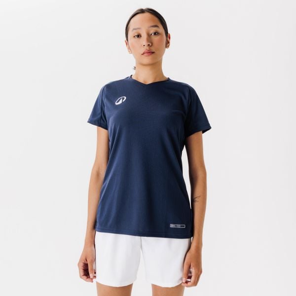 Koszulka do piłki nożnej damska Kipsta Viralto. Niebieskie bluzki KIPSTA, l, bez wzorów, z materiału, sportowe, bez kołnierzyka, bez ramiączek. Za 54.99 zł.