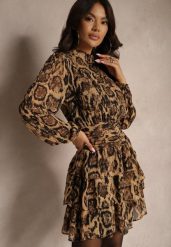 Brązowa Rozkloszowana Sukienka z Falbanami i Stójką w Panterkowy Print Rinnovia. Brązowe sukienki Renee, na co dzień, l, bez wzorów, eleganckie, bez kołnierzyka, bez ramiączek, mini, dopasowane. Za 119.99 zł.