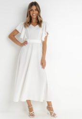 Biała Rozkloszowana Sukienka Zdobiona Falbanami Emilienne. Białe sukienki Born2be, na co dzień, m, z aplikacjami, z jeansu, eleganckie, bez kołnierzyka, bez ramiączek, maxi, proste. Za 109.99 zł.