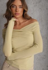 Zielona Marszczona Bluzka z Bawełną i Dekoltem w Łódkę Orinlia. Zielone bluzki Renee, l, bez wzorów, z bawełny, eleganckie, bez kołnierzyka, bez ramiączek. Za 89.99 zł.