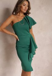 Zielona Asymetryczna Sukienka Bodycon z Falbanami na Jedno Ramię Imelia. Zielone sukienki Renee, na imprezę, l, bez wzorów, z asymetrycznym kołnierzem, bez ramiączek, midi, asymetryczne. W wyprzedaży za 111.99 zł.