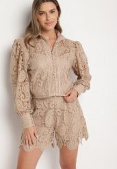 Beżowy Komplet z Bawełną Koszula i Szorty Ozdobione Ażurowym Wzorem Zeralea. Brązowe koszule Born2be, m, z aplikacjami, z bawełny, eleganckie, bez kołnierzyka, bez ramiączek. Za 139.99 zł.