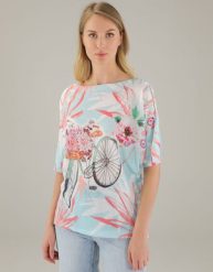 Luźna bluzka z dzianiny. Niebieskie bluzki Unisono, l, bez wzorów, z dzianiny, bez kołnierzyka, bez ramiączek. Za 139.00 zł.