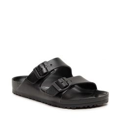 Klapki Birkenstock. Czarne klapki Birkenstock, bez wzorów, bez obcasa. Za 209.99 zł.