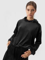 4F Bluza welurowa z materiału z recyklingu damska - czarna S. Czarne bluzy 4f, l, bez wzorów, z dresówki, z kapturem. Za 179.99 zł.