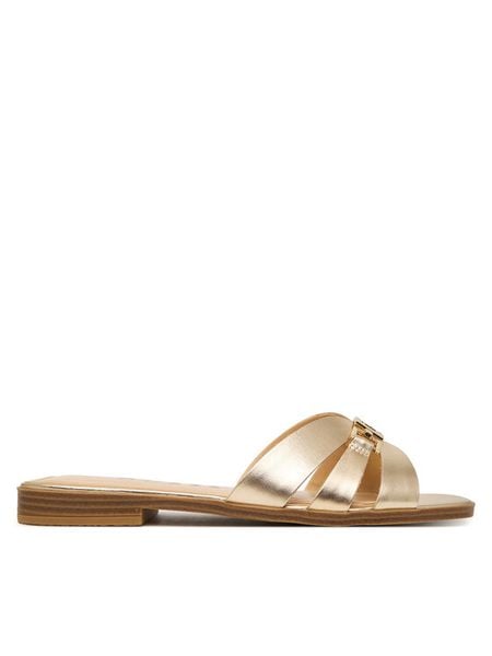 Guess Klapki FLJREA LEM19 Złoty. Żółte klapki Guess, z aplikacjami, ze skóry, bez obcasa. Za 295.99 zł.