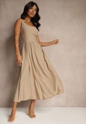 Ciemnobeżowa Rozkloszowana Sukienka z Wiskozy Milunisa. Brązowe sukienki Renee, na co dzień, m, bez wzorów, z jeansu, eleganckie, bez kołnierzyka, bez ramiączek, maxi, rozkloszowane. Za 69.99 zł.