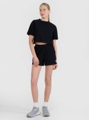 4F Spodenki dresowe z waflowej dzianiny damskie - czarne XL. Czarne szorty 4f, bez wzorów, z bawełny, sportowe. W wyprzedaży za 59.99 zł.
