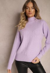 Fioletowy Golf Sweter z Tłoczeniem i Ściągaczami Melovira. Fioletowe golfy Renee, bez wzorów, bez ramiączek. Za 99.99 zł.