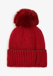 Bordowa Czapka Beanie Ozdobiona Metaliczną Nicią i Pomponem Delasirra. Czerwone czapki Renee, bez wzorów, z jeansu. W wyprzedaży za 27.99 zł.
