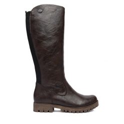 Kozaki Rieker. Brązowe kozaki Rieker, bez obcasa, na płaskiej podeszwie, bez zapięcia. Za 459.99 zł.
