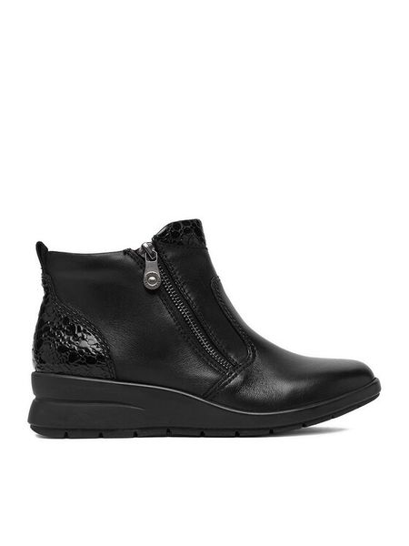 Rieker Botki CEO-L4861-00 Czarny. Czarne botki Rieker, bez wzorów, ze skóry, bez obcasa, na koturnie, bez zapięcia. Za 399.99 zł.