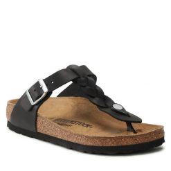 Japonki Birkenstock. Czarne klapki Birkenstock, bez wzorów, bez obcasa. Za 539.99 zł.