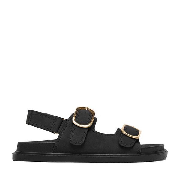 Sandały JENNY. Czarne sandały Jenny, bez wzorów, bez obcasa, na płaskiej podeszwie, bez zapięcia. Za 99.99 zł.