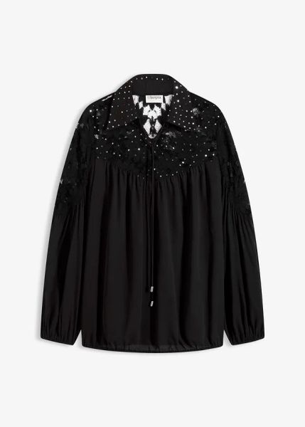 Bluzka z kołnierzykiem. Czarne bluzki bonprix, bez wzorów, z koronki, bez kołnierzyka, bez ramiączek. Za 149.99 zł.