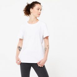 Koszulka damska Domyos Gym & Pilates. Białe bluzki DOMYOS, xs, bez wzorów, z bawełny, sportowe, bez kołnierzyka, bez ramiączek. Za 39.99 zł.