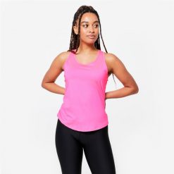 Top fitness damski Domyos My Top. Czerwone topy DOMYOS, l, bez wzorów, z elastanu, bez kołnierzyka, bez ramiączek. Za 19.99 zł.