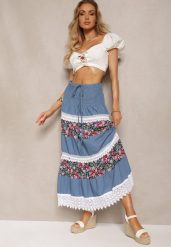 Biało-Niebieska Bawełniana Spódnica High Waist z Gumką w Talii i Ozdobną Koronką Tesaquin. Białe spódnice Renee, na co dzień, l, bez wzorów, z bawełny, wakacyjne, maxi. Za 49.99 zł.