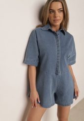Niebieski Krótki Kombinezon Jeansowy z Kołnierzykiem w Stylu Retro Aelixera. Niebieskie sukienki Born2be, na co dzień, l, bez wzorów, z jeansu, klasyczne, bez kołnierzyka, bez ramiączek, mini. Za 219.99 zł.