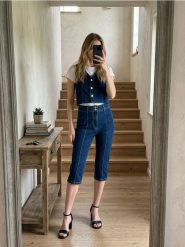 Jeansy capri z przeszyciem z przodu - niebieski. Niebieskie jeansy Sinsay, l, bez wzorów. Za 59.99 zł.