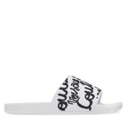 Klapki Versace Jeans Couture. Białe klapki Versace Jeans Couture, bez wzorów, z jeansu, bez obcasa. Za 209.99 zł.