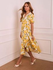 Milan Kiss Sukienka w kolorze żółto-zielono-kremowym rozmiar: L. Brązowe sukienki Milan Kiss, l, bez wzorów, z tkaniny, bez kołnierzyka, bez ramiączek, midi, rozkloszowane. Za 208.99 zł.