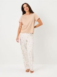 Bawełniana piżama dwuczęściowa z motywem świątecznym - beżowy. Brązowe piżamy Sinsay, bez wzorów, z bawełny, bez ramiączek. Za 29.99 zł.