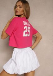 Fuksjowy Krótki T-shirt z Bawełny o Kroju Oversize Zarvela. Czerwone koszulki sportowe Renee, z aplikacjami, z bawełny, bez ramiączek. Za 29.99 zł.