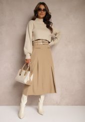 Beżowa Rozkloszowana Spódnica z Gumką w Pasie Wykończona Ozdobnymi Paskami Evirenie. Brązowe spódnice Renee, na co dzień, l, bez wzorów, eleganckie, midi, dopasowane. Za 129.99 zł.