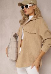 Beżowa Koszula z Guzikami ze Sztruksowego Materiału Ilwenita. Brązowe koszule Renee, l, bez wzorów, z jeansu, eleganckie, bez kołnierzyka, bez ramiączek. Za 49.99 zł.
