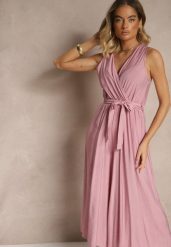 Fioletowy Kombinezon Taliowany z Wiskozą Ozdobiony Paskiem Evintria. Fioletowe sukienki Renee, na co dzień, l, bez wzorów, z wiskozy, eleganckie, bez kołnierzyka, bez ramiączek, proste. Za 54.99 zł.