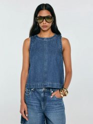 Bluzka damska jeansowa na ramiączkach niebieska Millana 387. Niebieskie bluzki Big Star, l, bez wzorów, z jeansu, klasyczne, bez kołnierzyka, bez ramiączek. Za 199.99 zł.